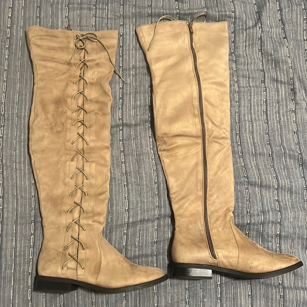Tan over the knee suede lace up boots